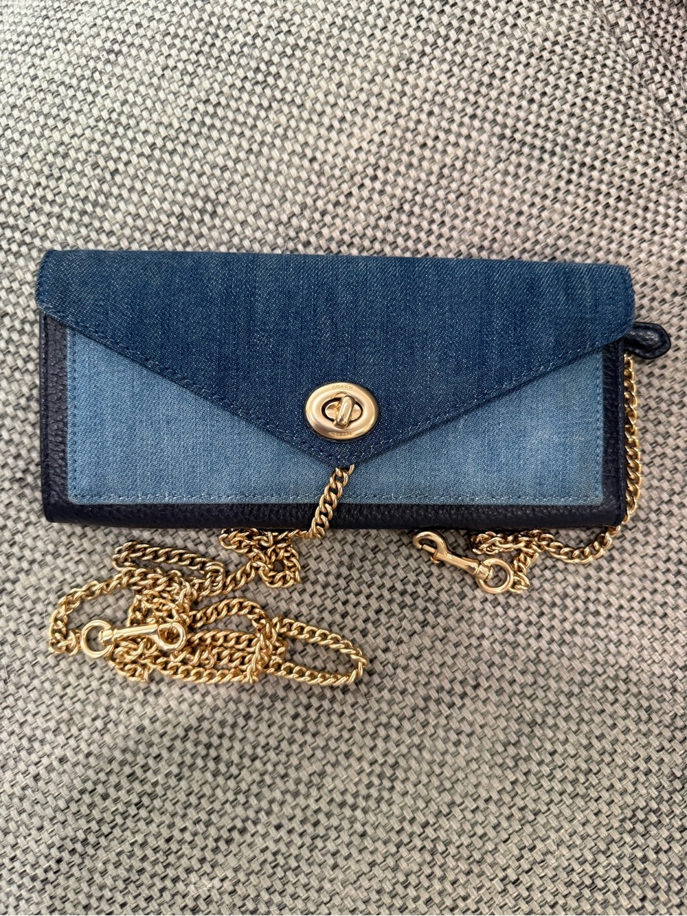 Coach Denim Envelope Crossbody Wallet with Gold Chain
